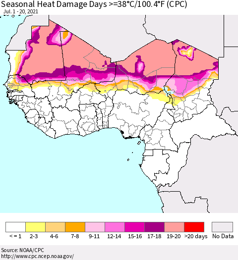 Western Africa Seasonal Heat Damage Days >=38°C/100°F (CPC) Thematic Map For 7/1/2021 - 7/20/2021