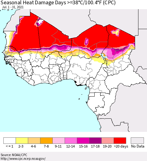 Western Africa Seasonal Heat Damage Days >=38°C/100°F (CPC) Thematic Map For 7/1/2021 - 7/31/2021