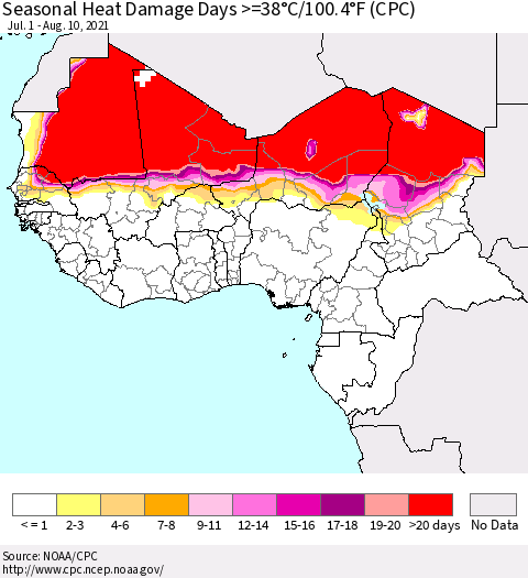 Western Africa Seasonal Heat Damage Days >=38°C/100°F (CPC) Thematic Map For 7/1/2021 - 8/10/2021