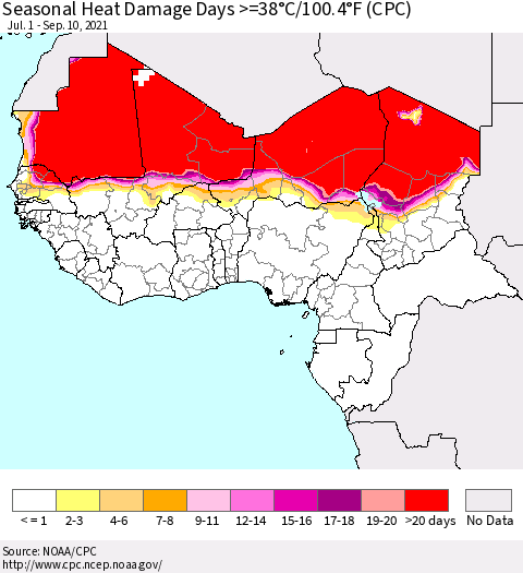 Western Africa Seasonal Heat Damage Days >=38°C/100°F (CPC) Thematic Map For 7/1/2021 - 9/10/2021