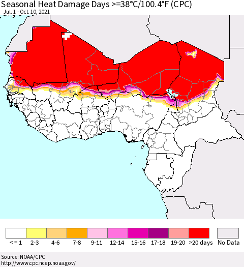 Western Africa Seasonal Heat Damage Days >=38°C/100°F (CPC) Thematic Map For 7/1/2021 - 10/10/2021