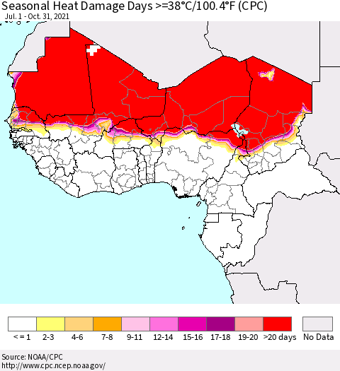 Western Africa Seasonal Heat Damage Days >=38°C/100°F (CPC) Thematic Map For 7/1/2021 - 10/31/2021