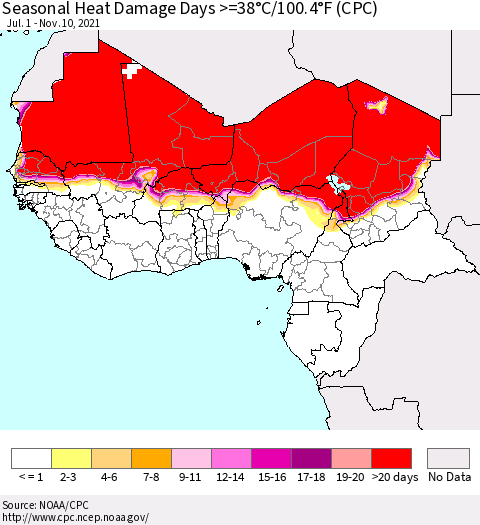 Western Africa Seasonal Heat Damage Days >=38°C/100°F (CPC) Thematic Map For 7/1/2021 - 11/10/2021
