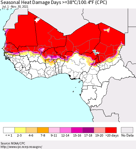 Western Africa Seasonal Heat Damage Days >=38°C/100°F (CPC) Thematic Map For 7/1/2021 - 11/30/2021