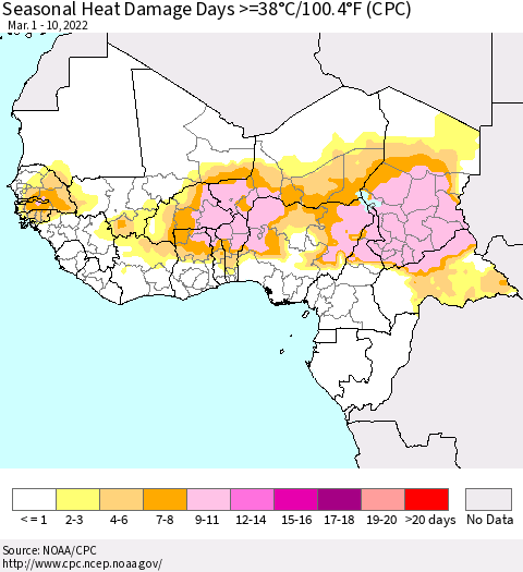Western Africa Seasonal Heat Damage Days >=38°C/100°F (CPC) Thematic Map For 3/1/2022 - 3/10/2022
