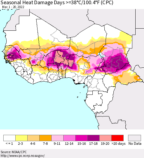 Western Africa Seasonal Heat Damage Days >=38°C/100°F (CPC) Thematic Map For 3/1/2022 - 3/20/2022