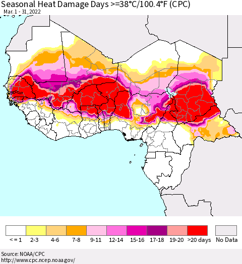 Western Africa Seasonal Heat Damage Days >=38°C/100°F (CPC) Thematic Map For 3/1/2022 - 3/31/2022