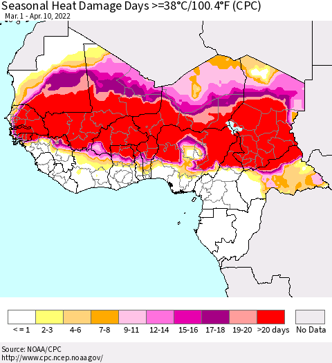Western Africa Seasonal Heat Damage Days >=38°C/100°F (CPC) Thematic Map For 3/1/2022 - 4/10/2022