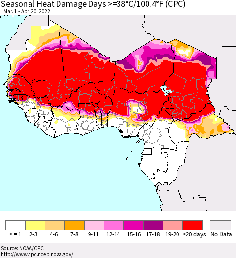 Western Africa Seasonal Heat Damage Days >=38°C/100°F (CPC) Thematic Map For 3/1/2022 - 4/20/2022