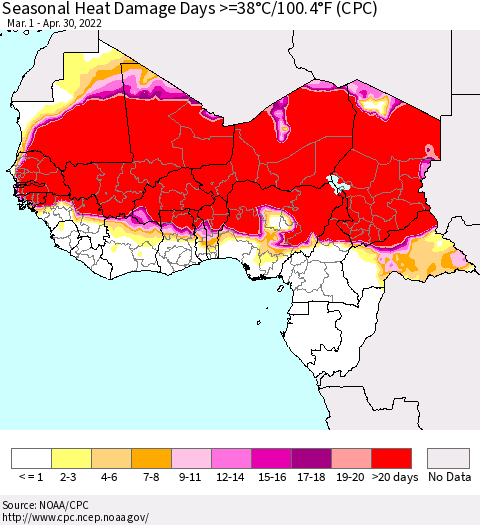 Western Africa Seasonal Heat Damage Days >=38°C/100°F (CPC) Thematic Map For 3/1/2022 - 4/30/2022