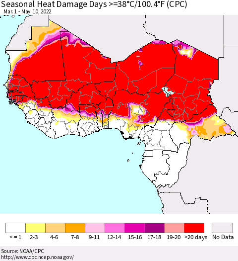 Western Africa Seasonal Heat Damage Days >=38°C/100°F (CPC) Thematic Map For 3/1/2022 - 5/10/2022