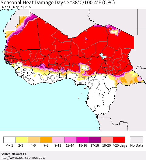 Western Africa Seasonal Heat Damage Days >=38°C/100°F (CPC) Thematic Map For 3/1/2022 - 5/20/2022