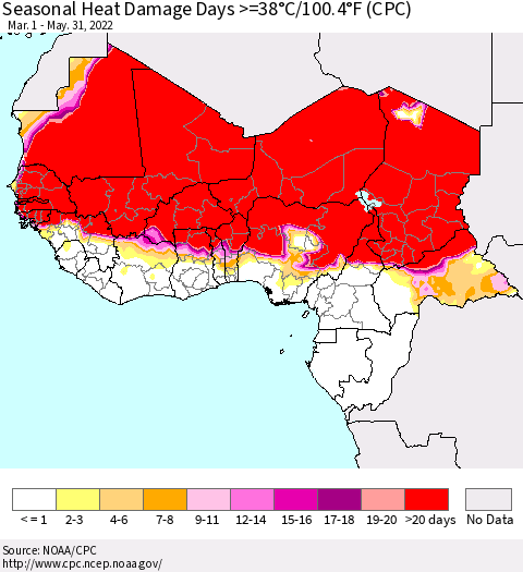 Western Africa Seasonal Heat Damage Days >=38°C/100°F (CPC) Thematic Map For 3/1/2022 - 5/31/2022