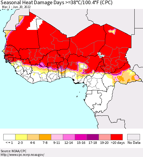 Western Africa Seasonal Heat Damage Days >=38°C/100°F (CPC) Thematic Map For 3/1/2022 - 6/20/2022