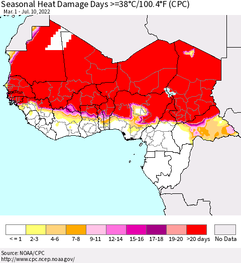 Western Africa Seasonal Heat Damage Days >=38°C/100°F (CPC) Thematic Map For 3/1/2022 - 7/10/2022