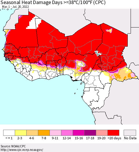 Western Africa Seasonal Heat Damage Days >=38°C/100°F (CPC) Thematic Map For 3/1/2022 - 7/20/2022