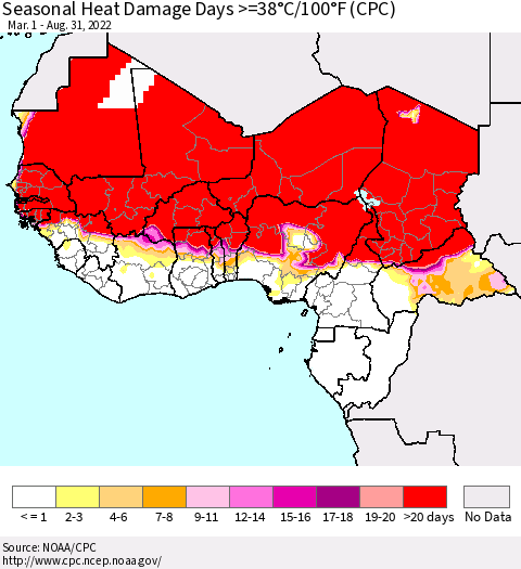 Western Africa Seasonal Heat Damage Days >=38°C/100°F (CPC) Thematic Map For 3/1/2022 - 8/31/2022
