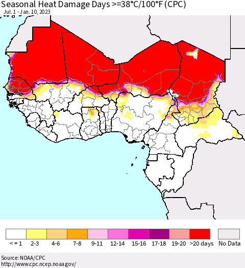 Western Africa Seasonal Heat Damage Days >=38°C/100°F (CPC) Thematic Map For 7/1/2022 - 1/10/2023