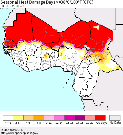 Western Africa Seasonal Heat Damage Days >=38°C/100°F (CPC) Thematic Map For 7/1/2022 - 1/20/2023