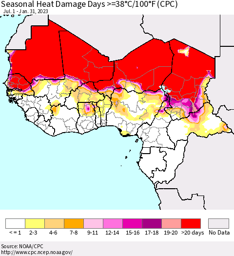 Western Africa Seasonal Heat Damage Days >=38°C/100°F (CPC) Thematic Map For 7/1/2022 - 1/31/2023