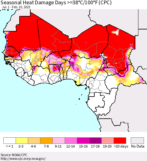 Western Africa Seasonal Heat Damage Days >=38°C/100°F (CPC) Thematic Map For 7/1/2022 - 2/10/2023