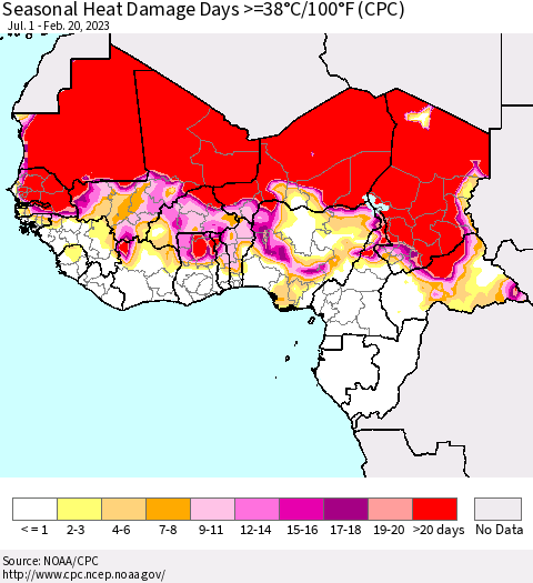 Western Africa Seasonal Heat Damage Days >=38°C/100°F (CPC) Thematic Map For 7/1/2022 - 2/20/2023