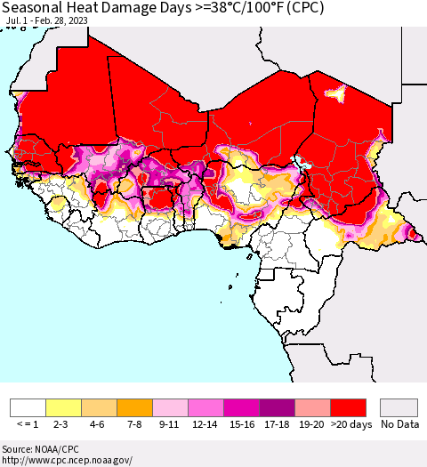 Western Africa Seasonal Heat Damage Days >=38°C/100°F (CPC) Thematic Map For 7/1/2022 - 2/28/2023