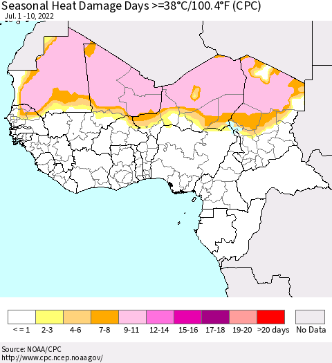 Western Africa Seasonal Heat Damage Days >=38°C/100°F (CPC) Thematic Map For 7/1/2022 - 7/10/2022