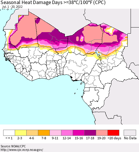 Western Africa Seasonal Heat Damage Days >=38°C/100°F (CPC) Thematic Map For 7/1/2022 - 7/20/2022