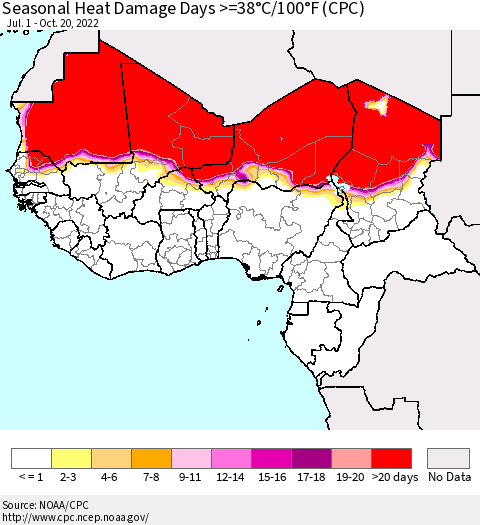 Western Africa Seasonal Heat Damage Days >=38°C/100°F (CPC) Thematic Map For 7/1/2022 - 10/20/2022