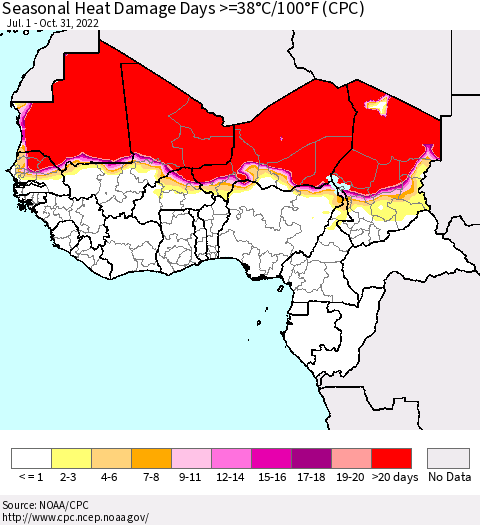 Western Africa Seasonal Heat Damage Days >=38°C/100°F (CPC) Thematic Map For 7/1/2022 - 10/31/2022