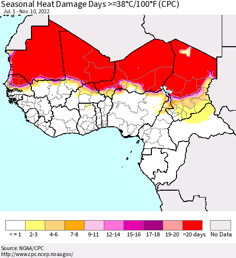 Western Africa Seasonal Heat Damage Days >=38°C/100°F (CPC) Thematic Map For 7/1/2022 - 11/10/2022
