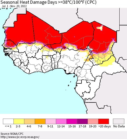 Western Africa Seasonal Heat Damage Days >=38°C/100°F (CPC) Thematic Map For 7/1/2022 - 11/20/2022