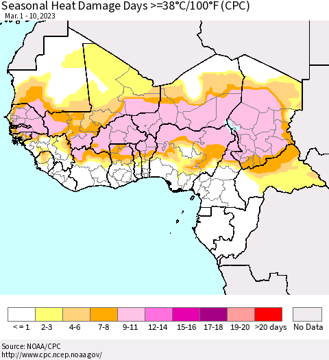 Western Africa Seasonal Heat Damage Days >=38°C/100°F (CPC) Thematic Map For 3/1/2023 - 3/10/2023