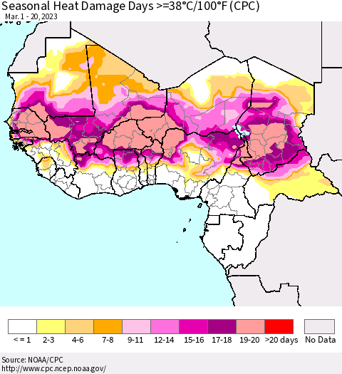 Western Africa Seasonal Heat Damage Days >=38°C/100°F (CPC) Thematic Map For 3/1/2023 - 3/20/2023