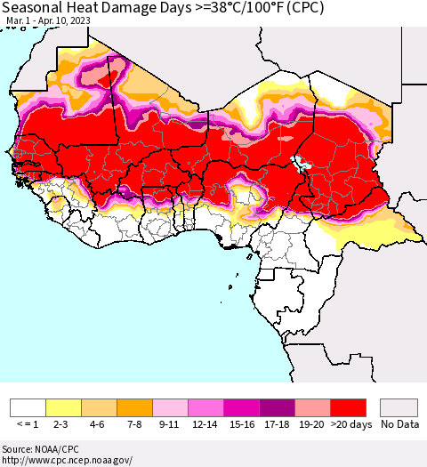 Western Africa Seasonal Heat Damage Days >=38°C/100°F (CPC) Thematic Map For 3/1/2023 - 4/10/2023
