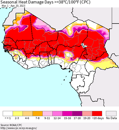 Western Africa Seasonal Heat Damage Days >=38°C/100°F (CPC) Thematic Map For 3/1/2023 - 4/20/2023