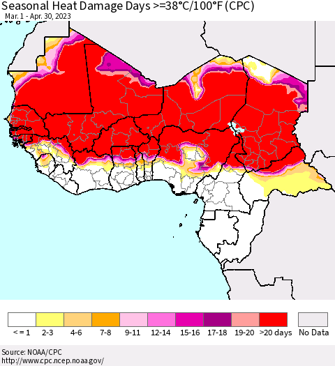 Western Africa Seasonal Heat Damage Days >=38°C/100°F (CPC) Thematic Map For 3/1/2023 - 4/30/2023