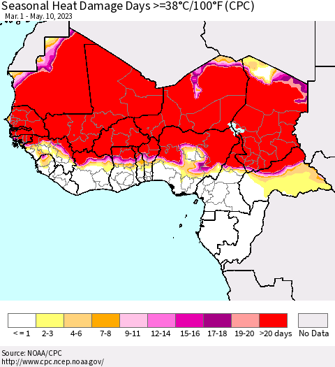 Western Africa Seasonal Heat Damage Days >=38°C/100°F (CPC) Thematic Map For 3/1/2023 - 5/10/2023