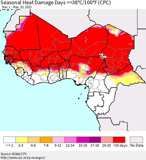 Western Africa Seasonal Heat Damage Days >=38°C/100°F (CPC) Thematic Map For 3/1/2023 - 5/20/2023