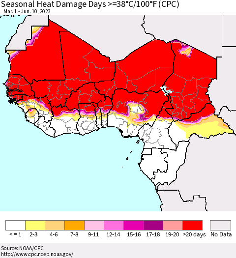Western Africa Seasonal Heat Damage Days >=38°C/100°F (CPC) Thematic Map For 3/1/2023 - 6/10/2023