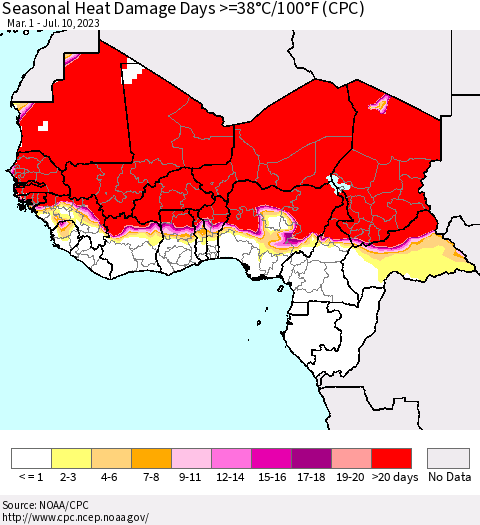 Western Africa Seasonal Heat Damage Days >=38°C/100°F (CPC) Thematic Map For 3/1/2023 - 7/10/2023