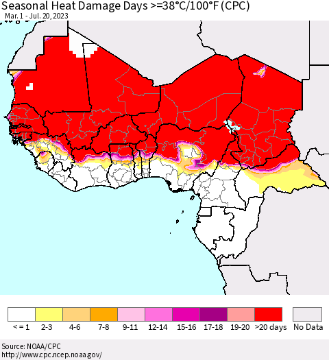 Western Africa Seasonal Heat Damage Days >=38°C/100°F (CPC) Thematic Map For 3/1/2023 - 7/20/2023