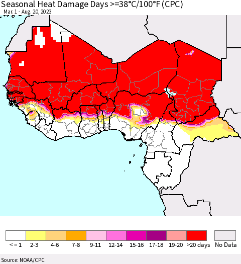 Western Africa Seasonal Heat Damage Days >=38°C/100°F (CPC) Thematic Map For 3/1/2023 - 8/20/2023