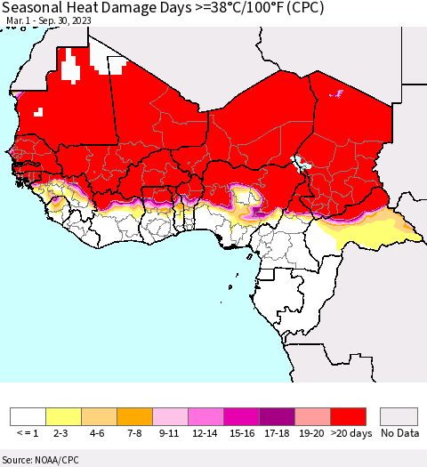 Western Africa Seasonal Heat Damage Days >=38°C/100°F (CPC) Thematic Map For 3/1/2023 - 9/30/2023