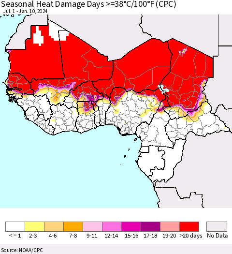 Western Africa Seasonal Heat Damage Days >=38°C/100°F (CPC) Thematic Map For 7/1/2023 - 1/10/2024