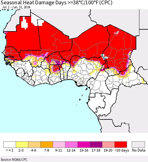 Western Africa Seasonal Heat Damage Days >=38°C/100°F (CPC) Thematic Map For 7/1/2023 - 1/31/2024