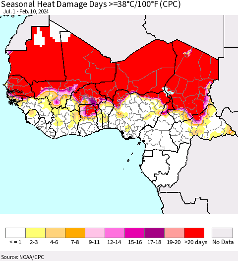 Western Africa Seasonal Heat Damage Days >=38°C/100°F (CPC) Thematic Map For 7/1/2023 - 2/10/2024