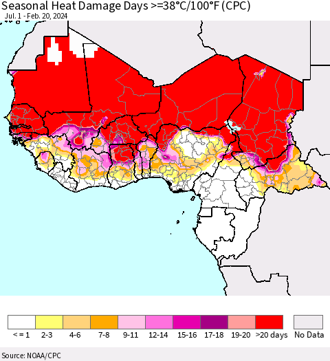 Western Africa Seasonal Heat Damage Days >=38°C/100°F (CPC) Thematic Map For 7/1/2023 - 2/20/2024