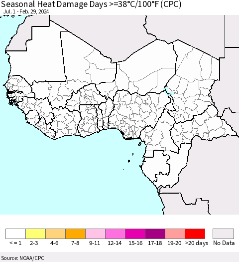 Western Africa Seasonal Heat Damage Days >=38°C/100°F (CPC) Thematic Map For 7/1/2023 - 2/29/2024